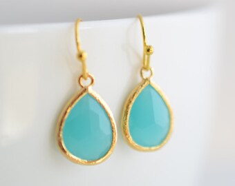 Mint blue earrings, Summer earrings, Gold earrings, Simple earrings, Clip earrings, Glass earrings, Bridal jewelry, Bridesmaid gift