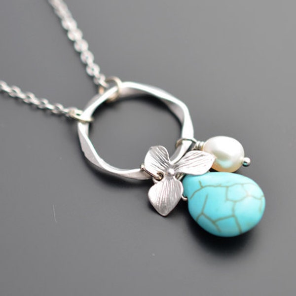 Collier pendentif fleur d’orchidée turquoise et perle, mariage, mariée, demoiselle d’honneur, anniversaire, collier de Noël, cadeau, collier en argent