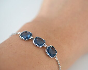 Simple Triple Sapphire Blue Silver Bracelet, Wedding jewelry, Bridal jewelry, Cocktail jewelry, Anniversary gift, Christmas giftMother Gift,