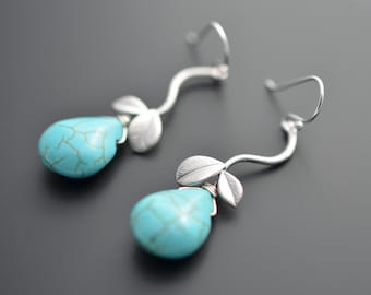 Turquoise and Leaf Silver Earrings,Wedding jewelry,Bridal earrings,Turquoise earrings,Silver earrings,Non pierced earrings,tmj004350