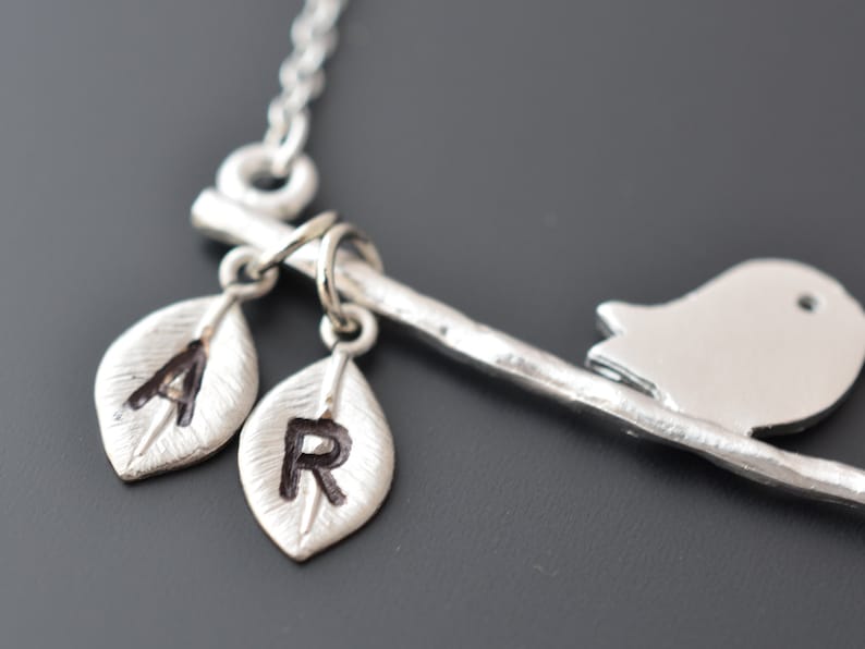 Initial necklace Branch necklace Silver necklace,Monogram Necklace,Christmas gift,tmj00039 Personalized necklace Birds necklace