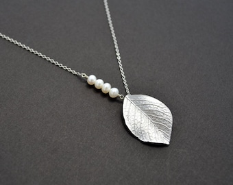 Leaf necklace, Pearl necklace,Silver necklace,Wedding necklace,Bridal jewelry,Anniversary,Christmas gift,tmj00032Mother Gift,,Christmas gift