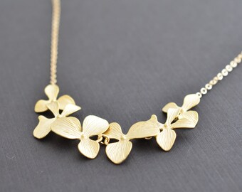 Beautiful six orchids gold necklace, wedding necklace, flower girl necklace, bridal jewelry, flower necklace, necklace set, earring