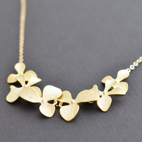 Beautiful six orchids gold necklace, wedding necklace, flower girl necklace, bridal jewelry, flower necklace, necklace set, earring