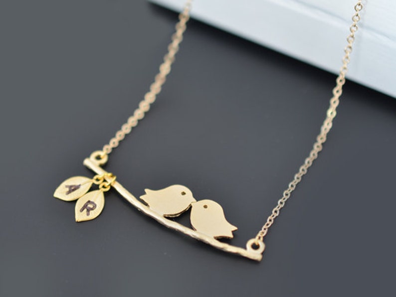 Personalized initial a kissing birds on branch gold necklace.Mother Gift,