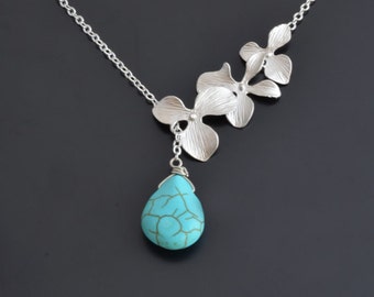 Orchid  necklace, Turquoise necklace, Lariat necklace,Silver necklace,Wedding,Bridesmaid,Flower,Anniversary,Christmas gift,tmj00368