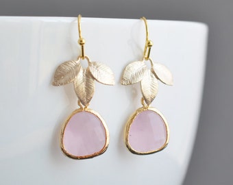 Ice pink and Leaf earrings,Gold earrings,Clip earrings,Wedding jewelry,Dangle earrings,Bridal jewelry,Christmas gift,Valentinesgift