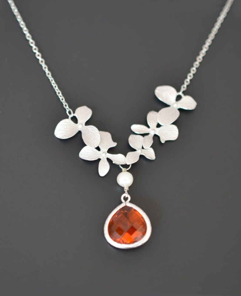 Silver necklace Wedding necklace,Flower girl necklace,Bridal necklace,Pearl necklace,tmj00103 Beautiful orchids pearl and Orange necklace