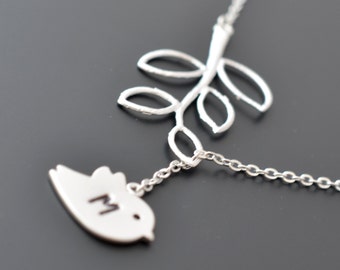 Personalized, Cute Chick necklace, Branch Necklace,Monogram necklace,Name necklace,Lariat necklace,Bridal necklace,Silver necklace