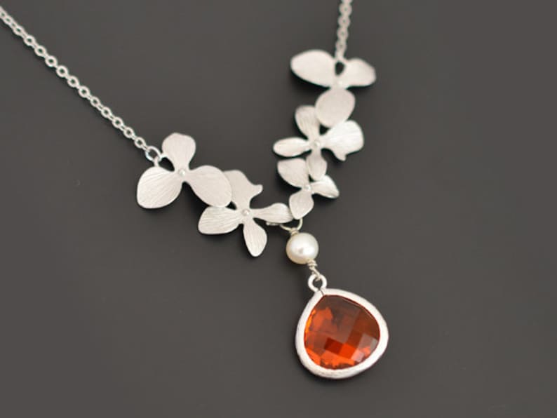 Silver necklace Wedding necklace,Flower girl necklace,Bridal necklace,Pearl necklace,tmj00103 Beautiful orchids pearl and Orange necklace
