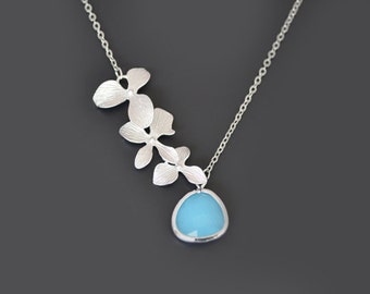 Orchid necklace, Aqua blue necklace, Pendant necklace, Wedding necklace, Bridal jewelry, Flower necklace,Anniversary gift(tmj00379)