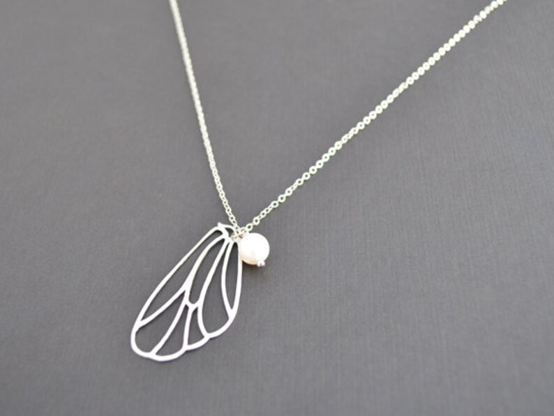 Butterfly necklace, Wing necklace, Pearl Necklace,Dainty necklace,Christmas gift,Anniversary gift,Silver necklaceMother Gift,,Christmas gift image 3