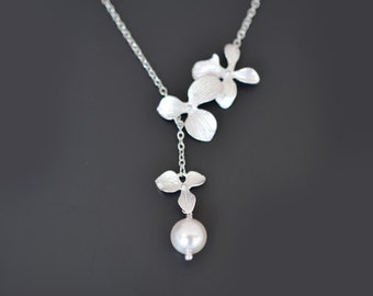 Orchid necklace, Flower necklace, Pearl necklace, Silver necklace, Lariat necklace, Wedding jewelry, Bridal necklace, tmj00063Mother Gift,