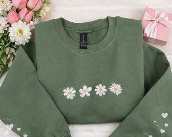 Embroidered Daisy Sweatshirt, Floral Crewneck Pullover, Minimal Flower Top