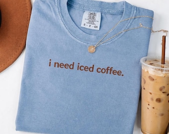 Embroidered Iced Coffee Shirt, Minimalist Coffee Lover Tee, Trendy Casual Top