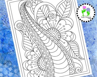 May include: A black and white intricate line drawing of a stylized flower with swirling patterns and leaves. The design is perfect for coloring.