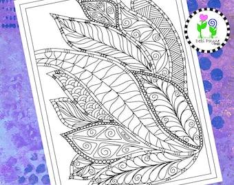 May include: A black and white coloring page featuring a detailed design of stylized leaves and swirls. The design is intricate and would be a fun challenge for adult coloring book enthusiasts.