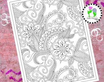 May include: A black and white intricate floral design with swirling patterns and detailed leaves. This coloring page features a paisley-inspired design with a repeating pattern of flowers and leaves.