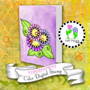 Contentment Doodle Flower Instant Downloadable Printable Full Color Digital Stamp