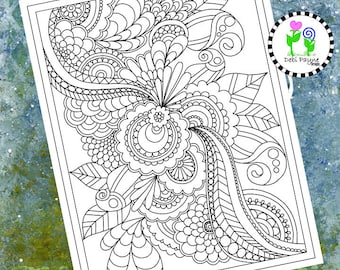 May include: A black and white intricate line drawing of a floral design with swirls and patterns. The design is perfect for coloring.