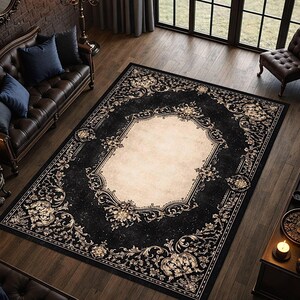May include: A large, rectangular area rug with an ornate, vintage design. The rug features a black border with gold floral patterns and a cream-colored center. The rug is placed on a hardwood floor.