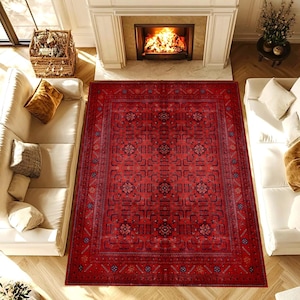 Bold Red Tribal Area Rug, Vintage Geometric Oriental Carpet, Boho Modern Traditional Home Decor, Washable Non Slip Rug