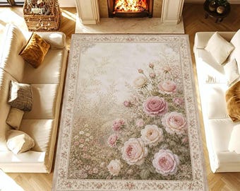 Vintage Floral Area Rug, Pastel Rose Garden Design, Shabby Chic Cottagecore Aesthetic, 4 Color Options, Washable Non Slip Rug Decor