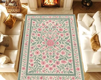 Romantic Floral Medallion Rug, Pink Green Botanical Area Carpet, Vintage Cottage Chic Home Decor, Washable Non Slip Floor Rug