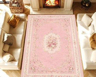 Romantic Pink Floral Rug, Vintage Shabby Chic Rose Carpet, Elegant Feminine French Country Design, Washable Non Slip Area Rug Bedroom Decor