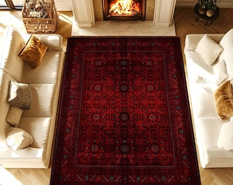 Red Oriental Area Rug, Traditional Tribal Pattern Carpet, Washable Non Slip Floor Rug, Vintage Living Room Bedroom Decor