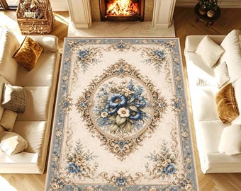Luxury French Baroque Floral Rug, Elegant Vintage Ornate Design, Blue Beige Classic Decor, Washable Non Slip Area Rug, Best Seller Home