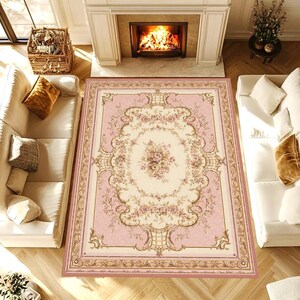 Grand tapis vintage rose à motifs floraux, style rococo baroque français, tapis shabby chic pour salon, lavable et antidérapant.