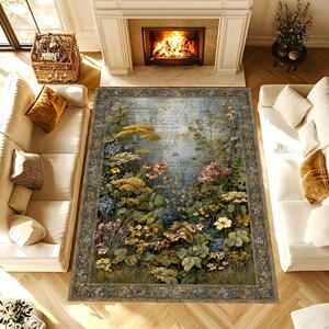 May include: A rectangular area rug featuring a detailed botanical print of wildflowers, ferns, and foliage in shades of yellow, blue, green, and pink against a weathered blue background, framed by a decorative border with small floral motifs.