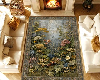 Vintage Botanical Floral Area Rug, Cottagecore Living Room Rug, Farmhouse Decor Rug, Washable Non Slip Rug, Nature Inspired Home