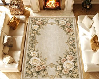 Luxury Floral Area Rug, Vintage Baroque Rose Design, Elegant Neutral Home Decor, Washable Non Slip Rug, French Country Style Carpet