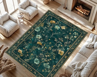 Teal Floral Rug Vintage Botanical Design, Elegant Gold Wildflower Pattern, Cottagecore Boho Decor, Washable Non Slip Area Rug