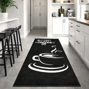 But First Coffee Rug, Minimal Coffee Cup Kitchen Mat, Modern Cafe Decor, Washable Non Slip Area Rug for Kitchen Coffee Corner