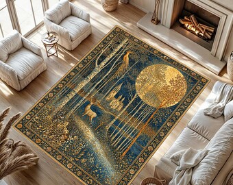 Enchanted Forest Moon Rug, Magical Deer Landscape, Celestial Night Fantasy Design, Washable Non Slip Area Rug, Dreamy Home Decor
