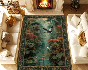 Vintage Nature Crane Area Rug, Forest Lake Scenic Design, Artistic Living Room Decor Rug, Washable Non Slip Statement Rug Home