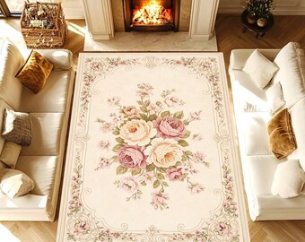 Vintage Floral Area Rug, French Rococo Rose Medallion Carpet, Shabby Chic Pink Cream Decor, Washable Non Slip Living Room Rug