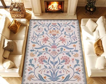 Pastel Botanical Area Rug, Vintage Garden Pattern Carpet, Soft Pink Green Home Decor, Washable Non Slip Living Room Rug
