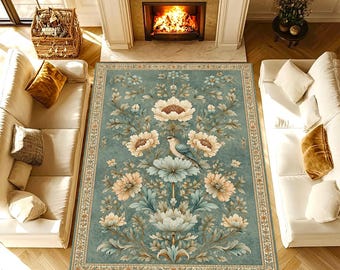 Elegant Vintage Floral Bird Rug, Romantic Botanical Cottagecore Design, Blue Cream Soft Decor, Washable Non Slip Area Rug, Best Seller Home