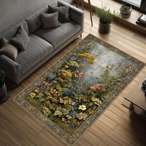 May include: A rectangular area rug featuring a detailed botanical print with various wildflowers in shades of yellow, blue, pink, and green against a weathered gray background, enclosed by a dark decorative border with a repeating floral pattern.