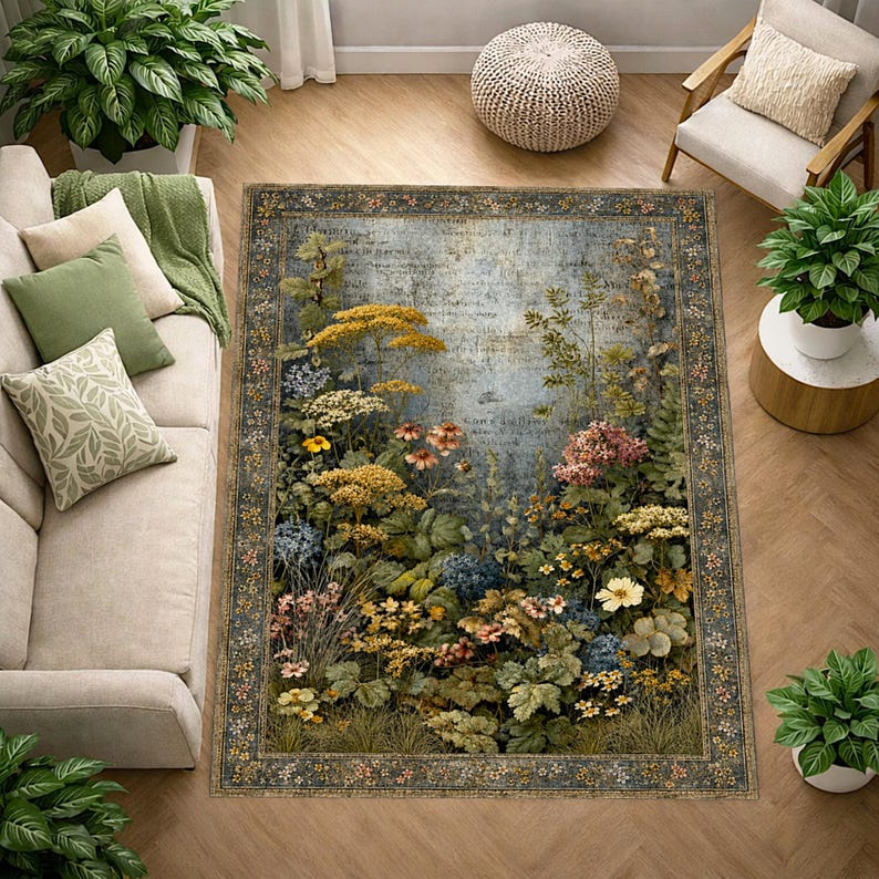 May include: A rectangular area rug featuring a detailed botanical print of yellow, pink, and blue wildflowers and green foliage against a weathered, script-covered background, framed by a dark, patterned border with small floral accents.