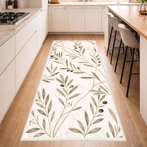 Olive Branch Kitchen Runner Rug, Farmhouse Botanical Floor Mat, Neutral Farmhouse Kitchen Carpet,Non Slip Kitchen Rug, Washable Kitchen Rug