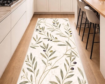 Küchenläufer mit Olivenzweigmuster, botanische Fußmatte im Landhausstil, neutraler Küchenteppich im Landhausstil, rutschfester Küchenteppich, waschbarer Küchenteppich