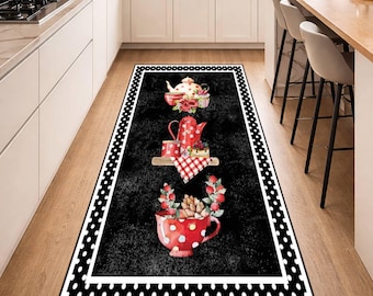 Polka Dot Tea Time Kitchen Runner Rug, Vintage Teapot Cupcake Floral Design, Washable, Non Slip, Color Options, Farmhouse Floor Mat