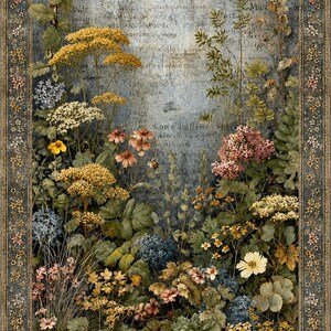 May include: A rectangular wall art print featuring a dense arrangement of wildflowers in yellow, pink, blue, and white against a weathered blue background with faint script text. The entire composition is framed by a decorative floral border.