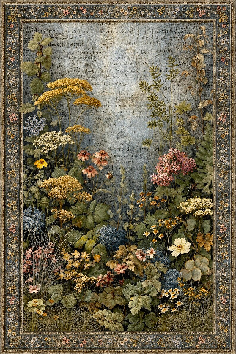 May include: A rectangular wall art print featuring a dense arrangement of wildflowers in yellow, pink, blue, and white against a weathered blue background with faint script text. The entire composition is framed by a decorative floral border.