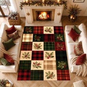 Christmas Plaid Patchwork Rug, Rustic Cabin Holiday Design, Cozy Farmhouse Decor, Washable Non Slip Area Rug, Festive Xmas Gift